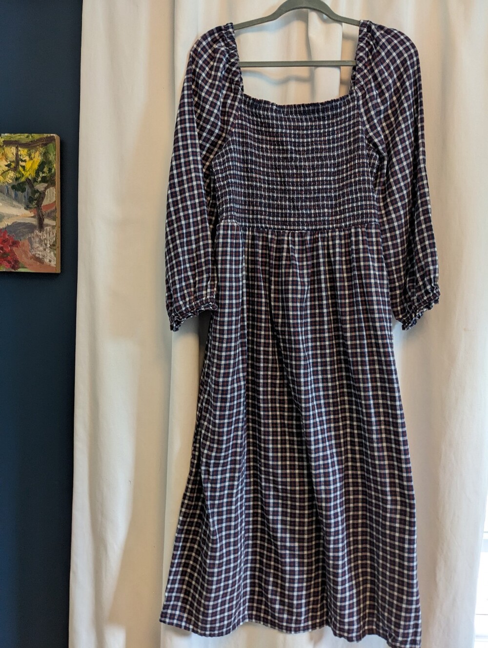 J Crew Size XL Navy/Red Cotton Flannel Smocked Square-Neck Midi Dress